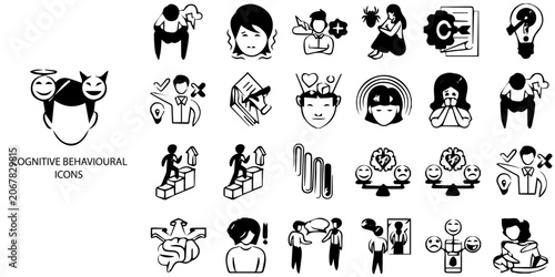 Schilderij op canvas Cognitive Behavioral simple concept 24 Black and White color icons set
