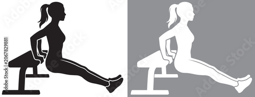 Foto Athletic woman performing triceps bench dip upper body exercise silhouette in bl