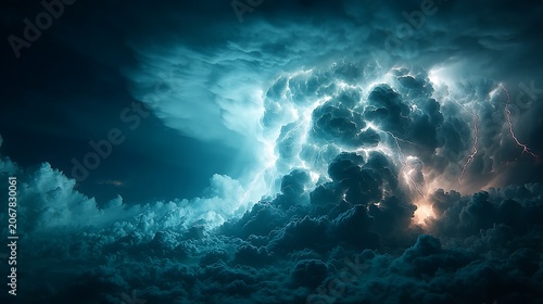 Dramatic teal and white thunderstorm cloud formation with internal lightning flashes