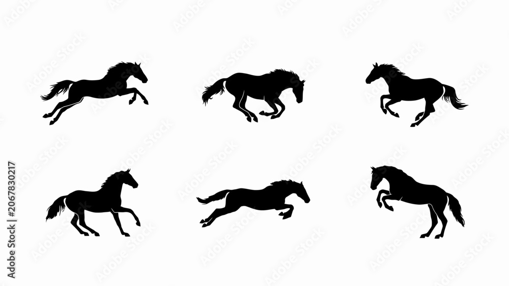 Fototapeta premium Horse Silhouettes Collection Black Shapes Against A White Background Dynamic Equine Illustrations horses stallion mare foal animal mammal