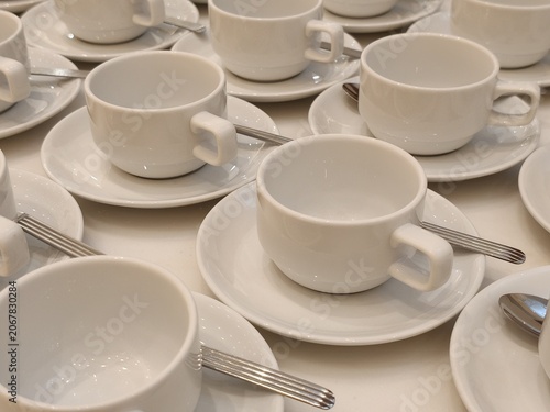 Empty Porcelain Teacups Arranged Neatly for Catered Event