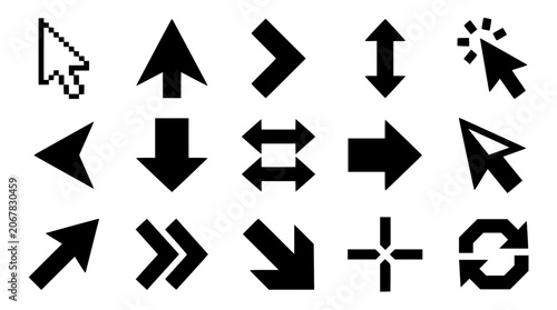 Bild auf Leinwand Bold arrow silhouette icons set with 15 heavy black navigation shapes flat web c