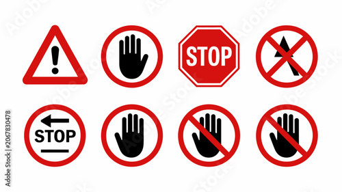 Fotografie Collection Of Red Prohibition Signs And Stop Symbols On A White Background cauti