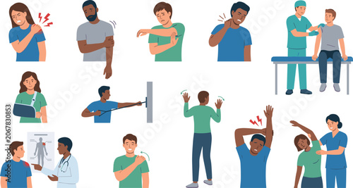 Shoulder Injury Rehabilitation and Physical Therapy Vector Set with Diverse Characters Showing Joint Pain, Arm Sling, Doctor Diagnostics, and Stretching Exercises