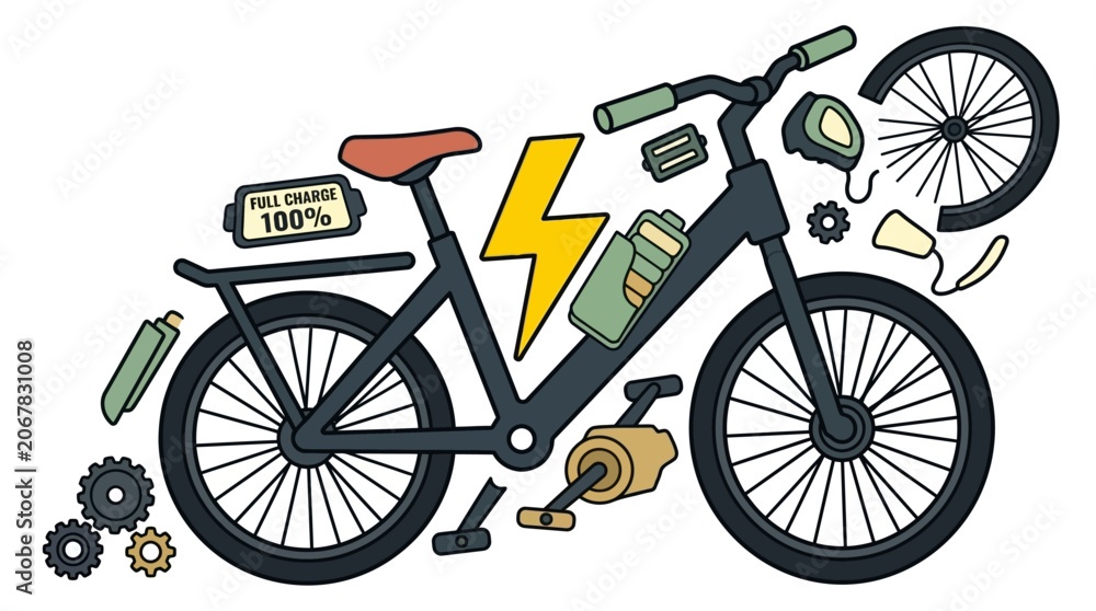 Fototapeta premium Electric bicycle parts illustration with tools and accessories
