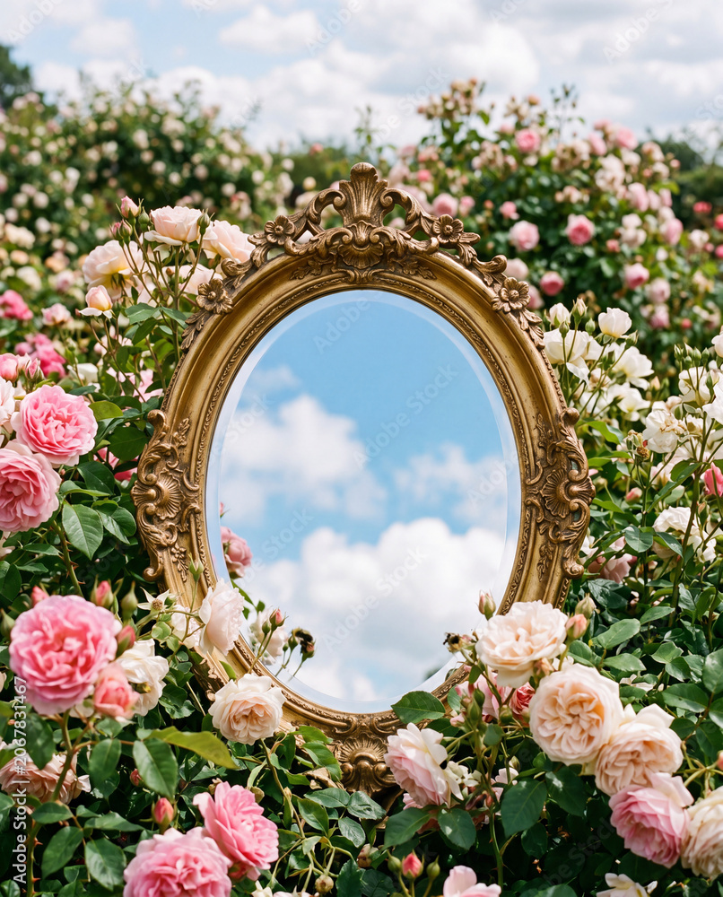 Naklejka premium Vintage Gold Mirror Reflecting Blue Sky and Clouds in a Lush Pink Rose Garden