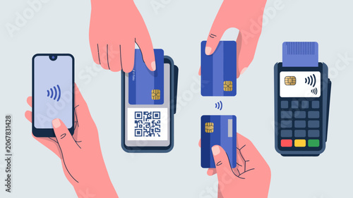 Contactless Payment Methods Illustration Featuring Smartphone Credit Cards And Pos Terminal mobile card debit plastic terminal point sale