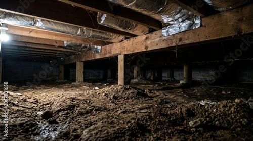 Dim crawl space with exposed wood joists and a dirt floor showing signs of moisture damage.