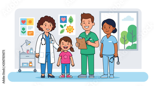 Pediatric doctors and nurses standing with a young patient in a clinic. Kids healthcare illustration representing teamwork and quality care