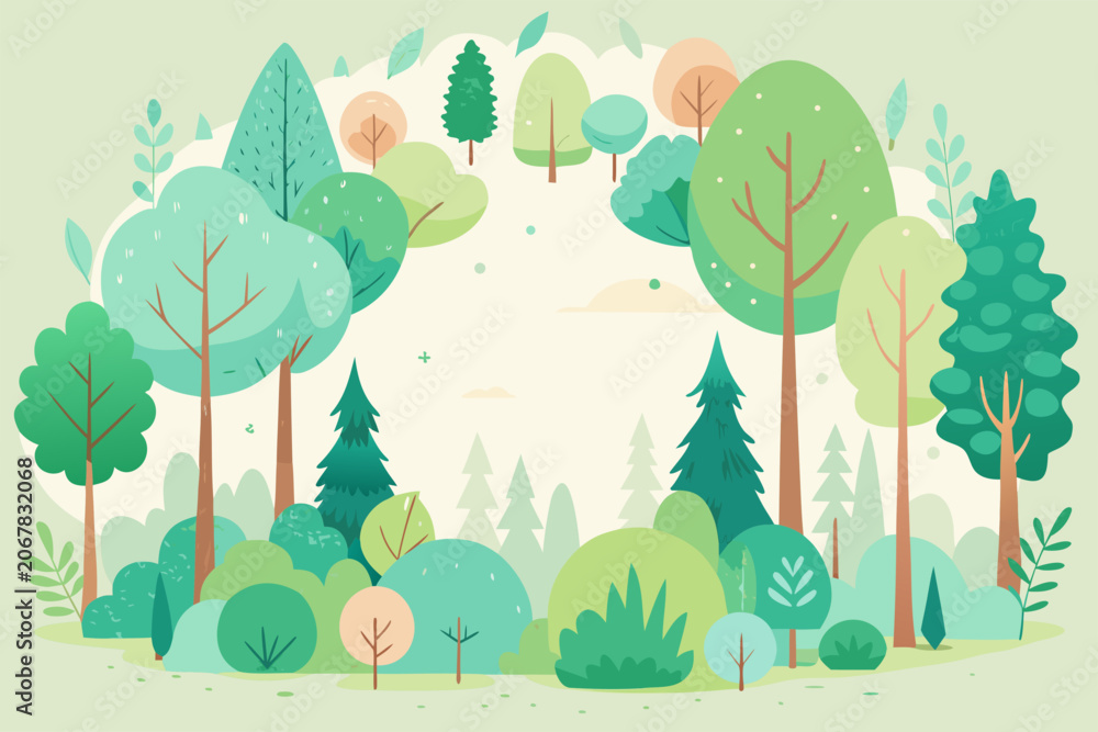 Fototapeta premium Cute forest frame with various green trees and plants