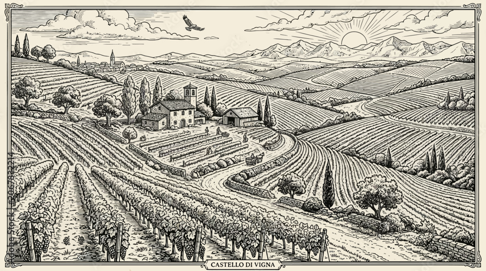 Fototapeta premium Detailed vintage ink sketch of a vineyard valley landscape