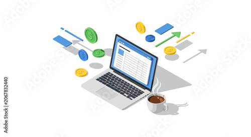 Laptop with business graphs and coffee.