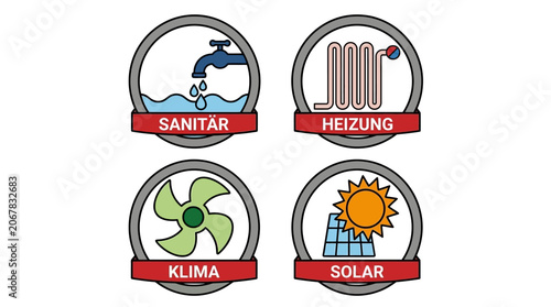 Eco friendly icons set with solar, heating, climate and sanitary systems