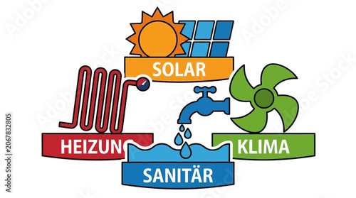 Eco friendly energy sources logo with solar panel, fan and water tap