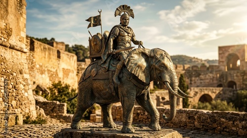 Cinematic scene of Carthaginian General Hannibal Barca astride an elephant in the Alps.