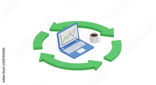 A laptop with a graph on the screen surrounded by a green circular arrow.