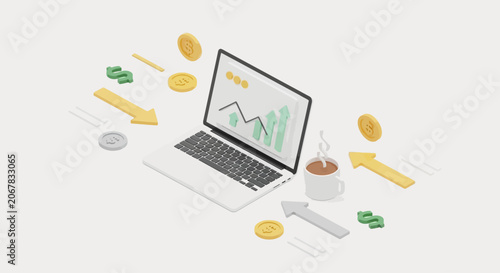 Laptop with financial graph and money.