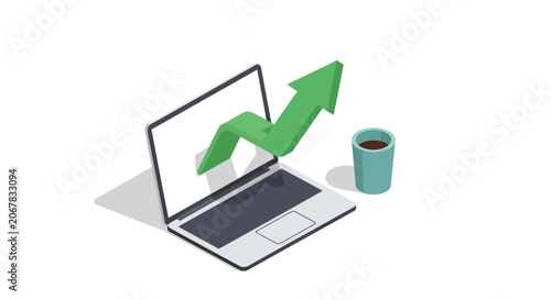 Laptop with growing graph and coffee cup.
