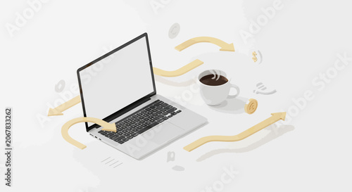 Laptop and coffee cup on desk with arrows.