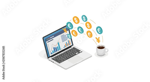 Laptop with graphs and social media icons.