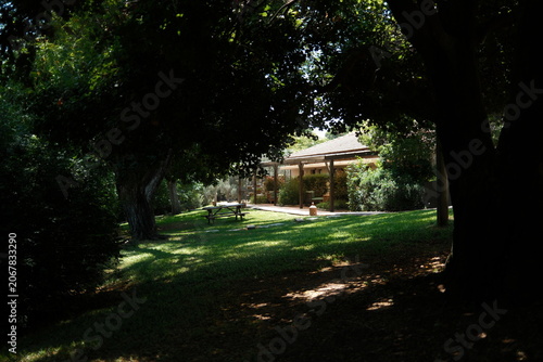 Serene Nature-Integrated Architecture at a Mediterranean-Style Vacation Destination and Quiet Garden Grounds with Lush Green Lawn and Shaded Terrace on a Sunny Afternoon