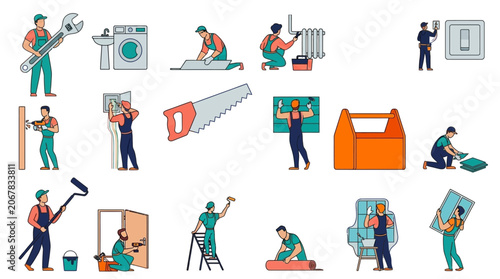 Construction Workers in various tasks and Setting with tools