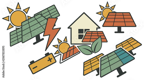 Solar panels on house with battery and leaves, renewable energy concept