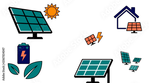 Solar panels and renewable energy icons, eco friendly home