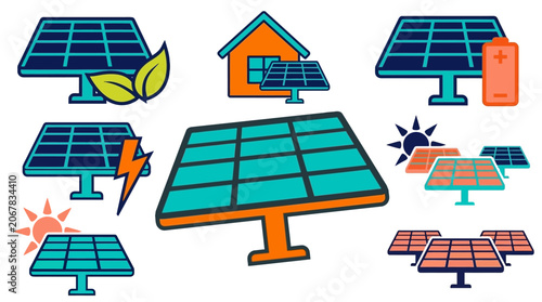 Solar panels illustration with house and eco friendly symbols