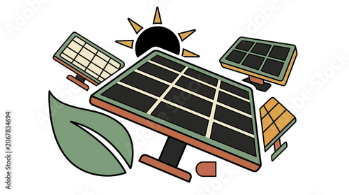 Solar panels and leaf eco friendly illustration