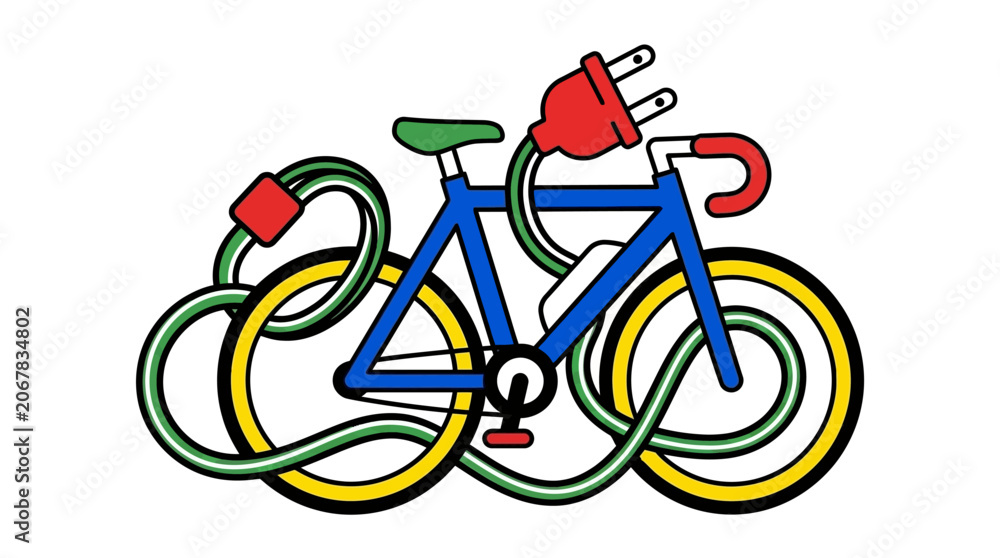 Fototapeta premium Electric bicycle with green cord and plug, eco friendly transportation