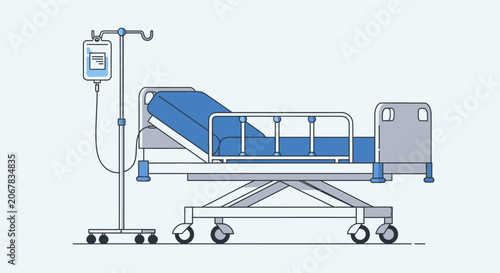 A flat vector illustration of a hospital bed with an IV drip stand.