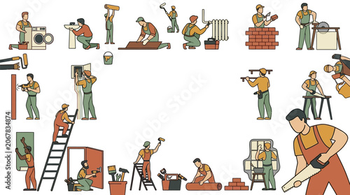 Workers engaged in various construction activities outdoors