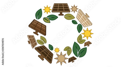 Solar panels and leaves in a circular arrangement