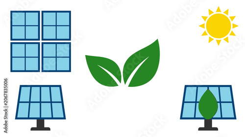 Solar panels with green leaves and sun