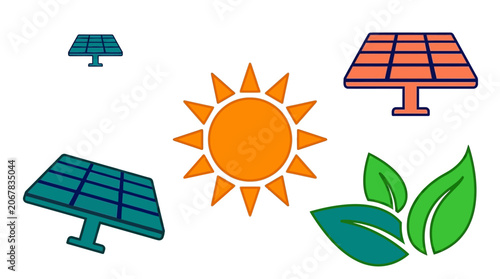 Solar panels with sun and leaves, eco friendly energy