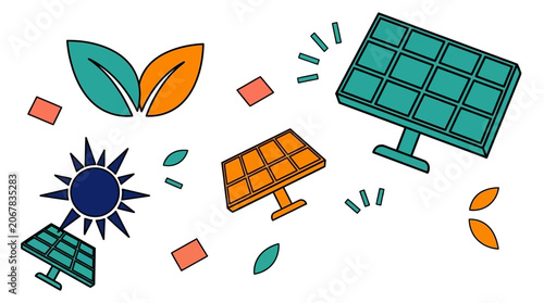 Eco friendly solar panels and leaves illustration
