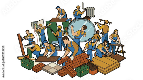 Construction Workers Building and Repairing with Tools and Materials