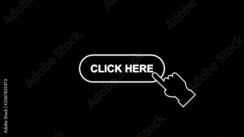 A click here button label with a cursor arrow icon in outlined style on white background for web ui interaction