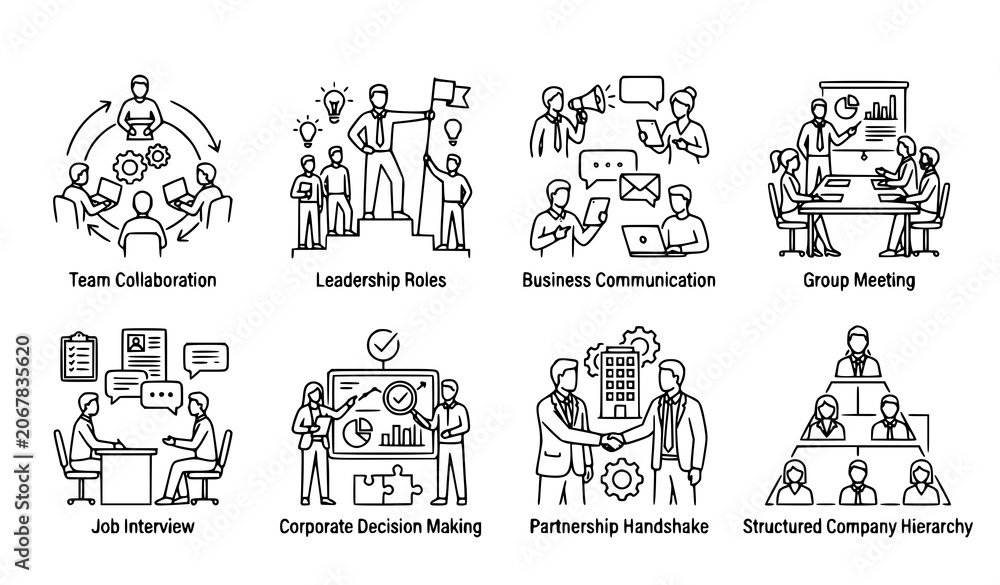 Obraz premium Modern Business People Interaction Icons Set with Communication, Leadership and Organizational Structure Concepts