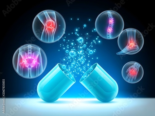 Joint pain relief medical capsule with x-ray anatomy  illustration