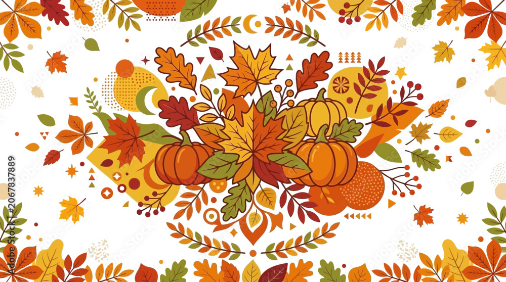 Fototapeta premium Autumn Harvest Decor: Pumpkins, Leaves, and Geometric Patterns