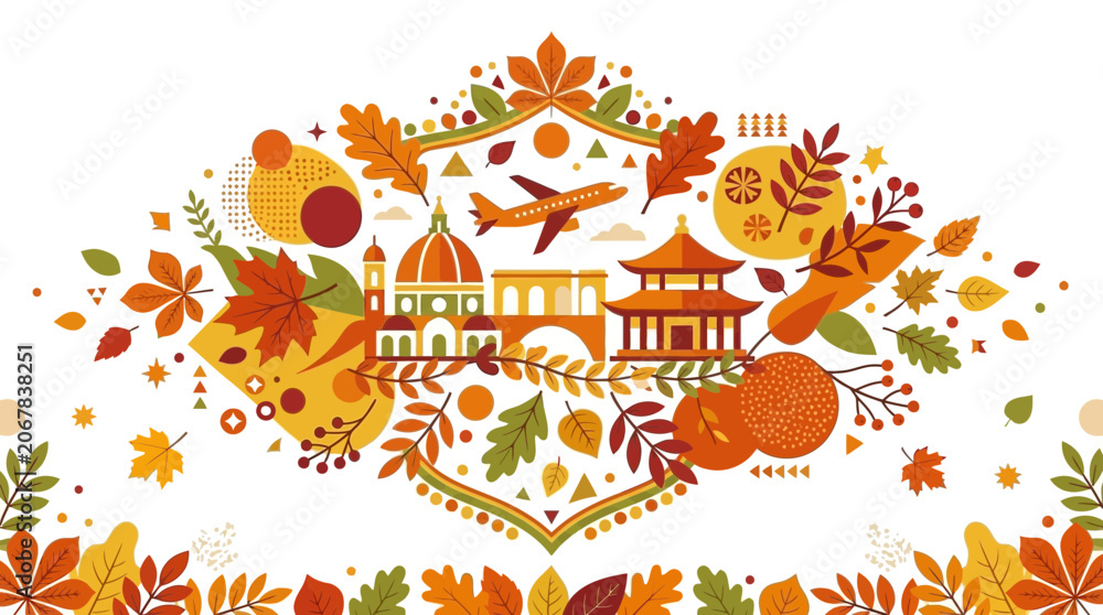 Obraz premium Autumn Travel Collage: Landmarks, Leaves, Airplane, Fruits
