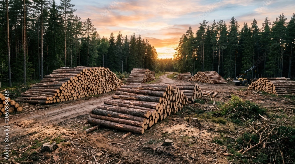 Fototapeta premium A logging operation takes place in a dense forest. Several stacks of logs are neatly arranged on a dirt road, awaiting transport.