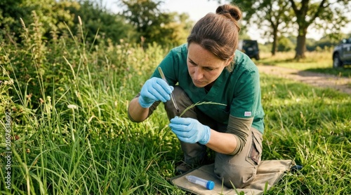 A female botanist kneels in a grassy field, examining a small plant with a magnifying glass. She wears protective gloves and a green shirt.