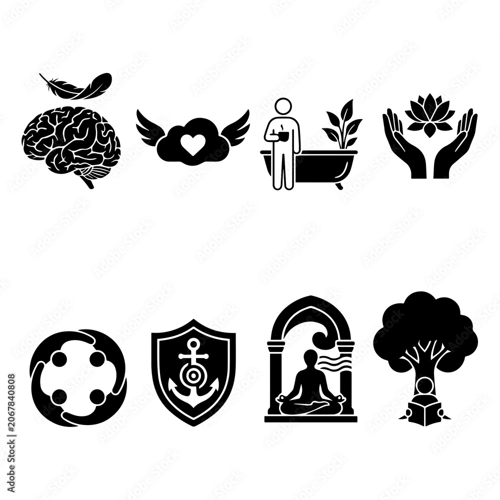 Fototapeta premium Set of eight black flat featuring brain health, meditation, relaxation, teamwork, and protection symbols on a white background