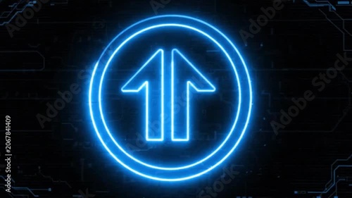 Glowing neon blue double arrow icon inside a circle on a dark digital circuit board background