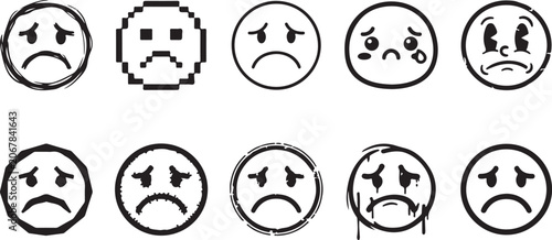 Foto Collection of sad crying face emoji vectors pixel art style hand drawn line icon