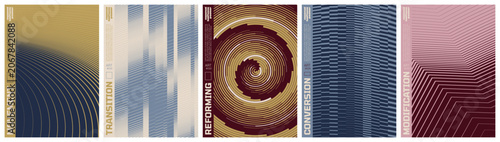 Minimalist kinetic halftone artwork visual transformation and dynamic motion ornament with transition effect, Abstract vector poster set with linear gradients and geometric distortion patterns