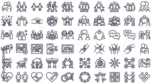 People and social connection linear icon set for community interactions.